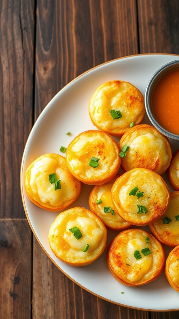 Baked potato and egg bites on a plate, garnished with herbs, with dipping sauce on a rustic table.